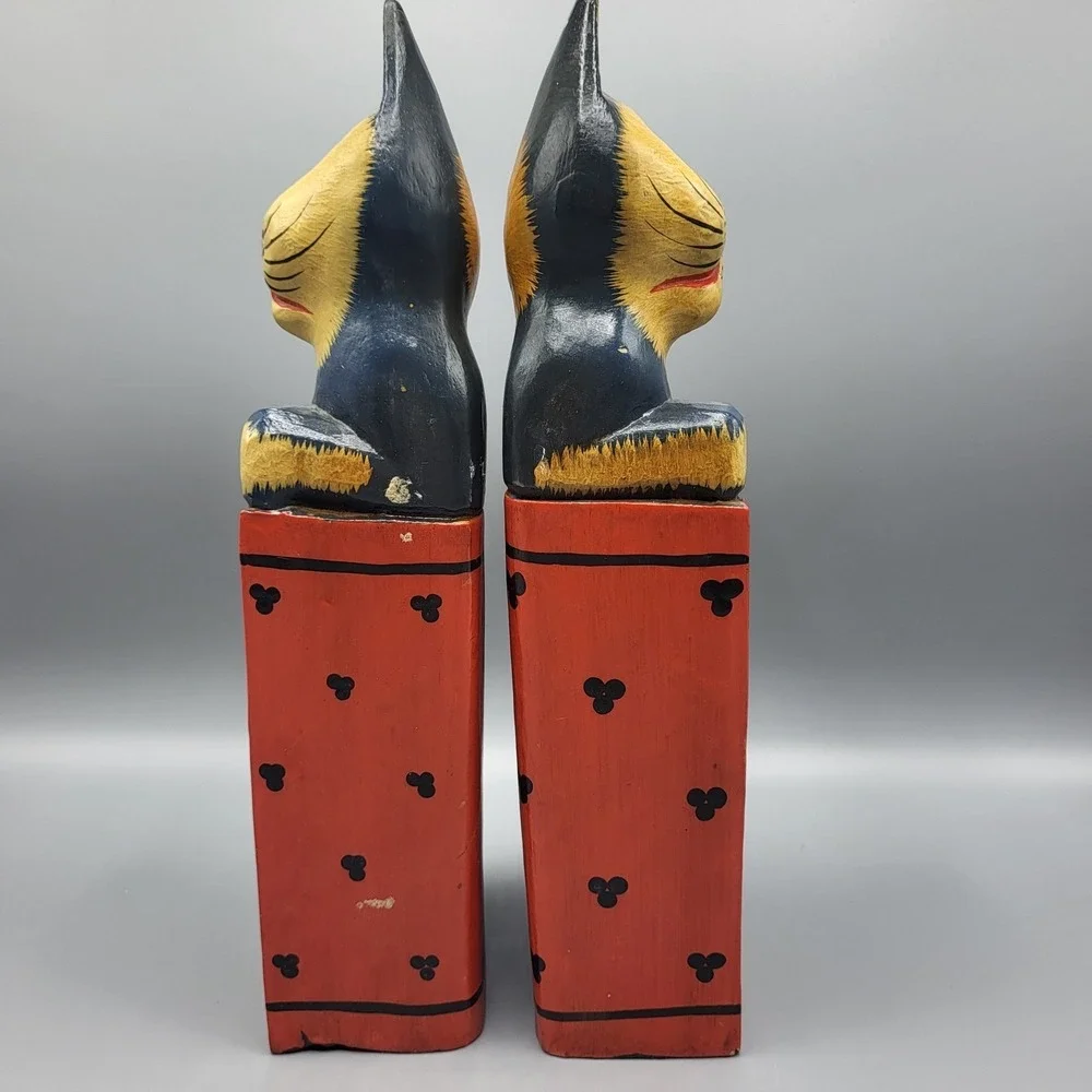 Wooden Cat Bookends Hand Painted Folk Art Colorful Shelf Decor Blue Yellow Red
